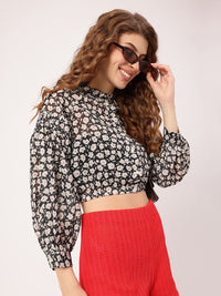 DressBerry Floral & Fabulous Holiday Fetish Printed Smocked Shirt Style Crop Top