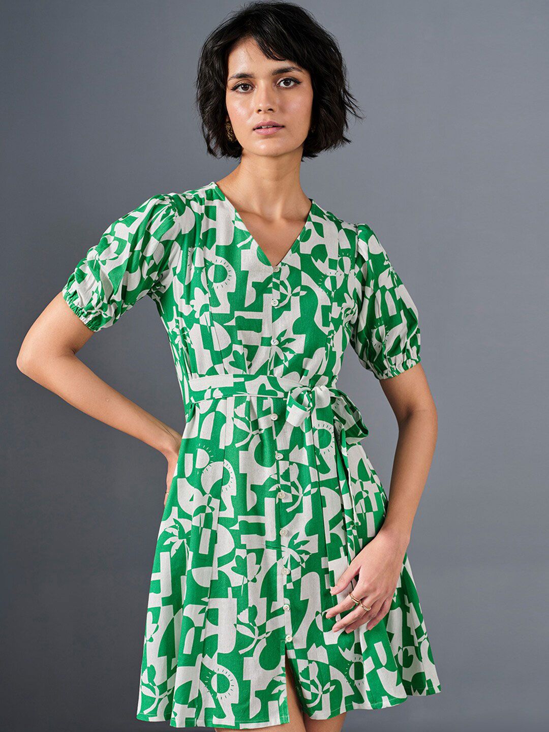 AND Tropical Print Puff Sleeves Dress