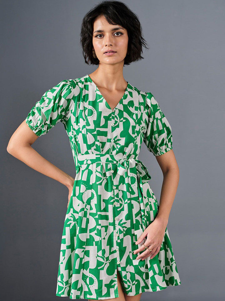 AND Tropical Print Puff Sleeves Dress
