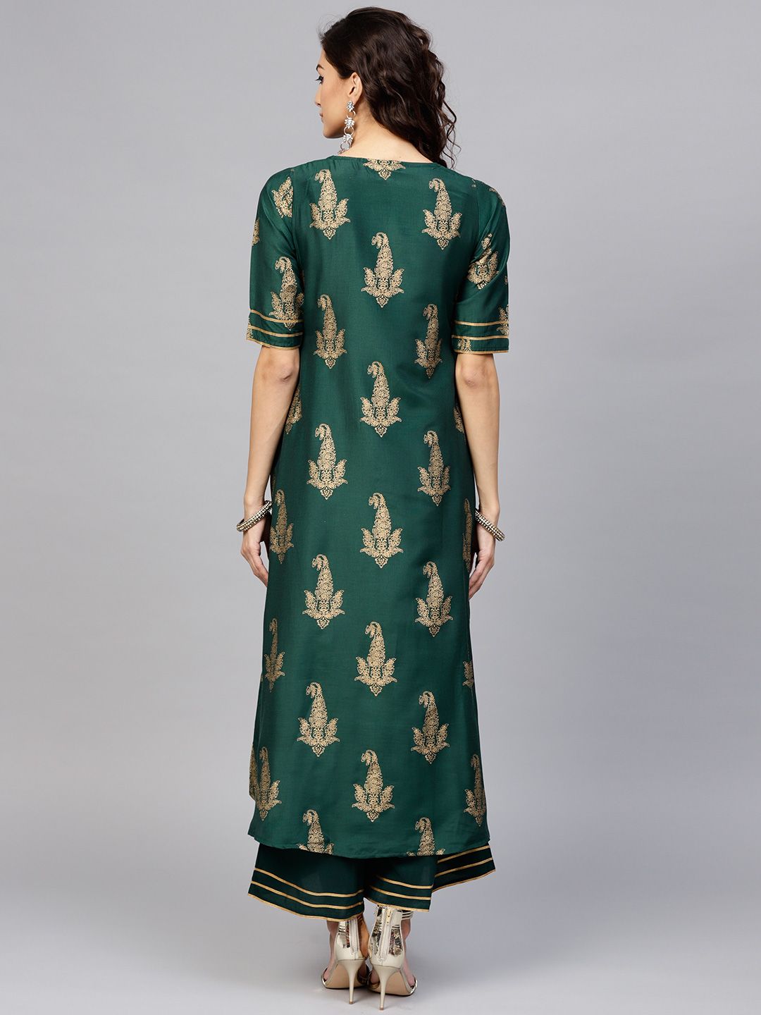 Libas Women Green & Golden Block Print Layered Kurta with Palazzos
