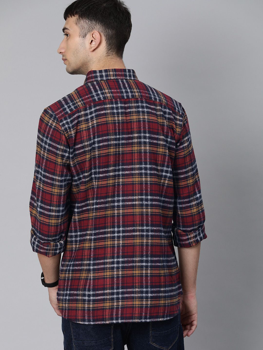 THE BEAR HOUSE Men Maroon & Navy Blue Slim Fit Checked Flannel Casual Shirt