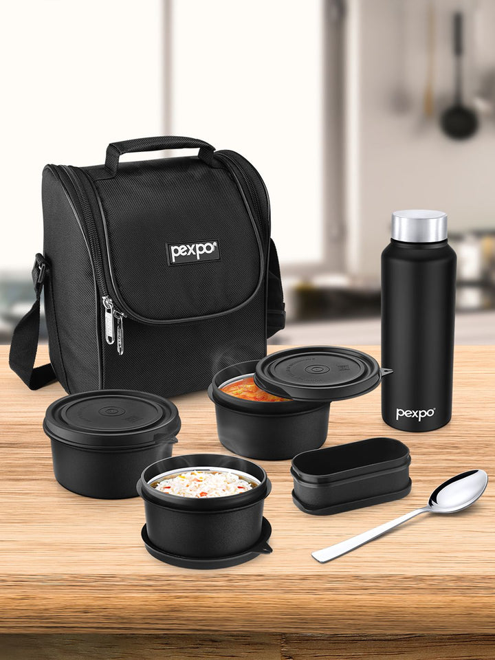 Pexpo hitam 5 keping keluli tahan karat microwave selamat kotak makan tengah hari 2.15 ml