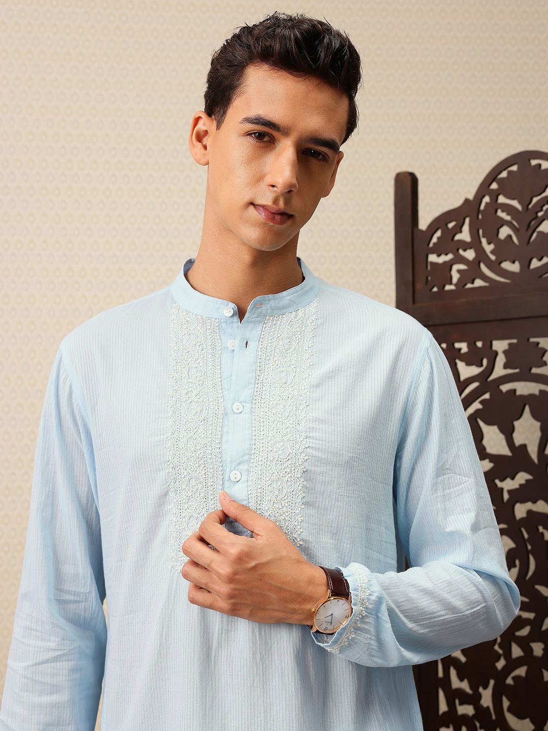House of Pataudi Striped & Embroidered Jashn Kurta