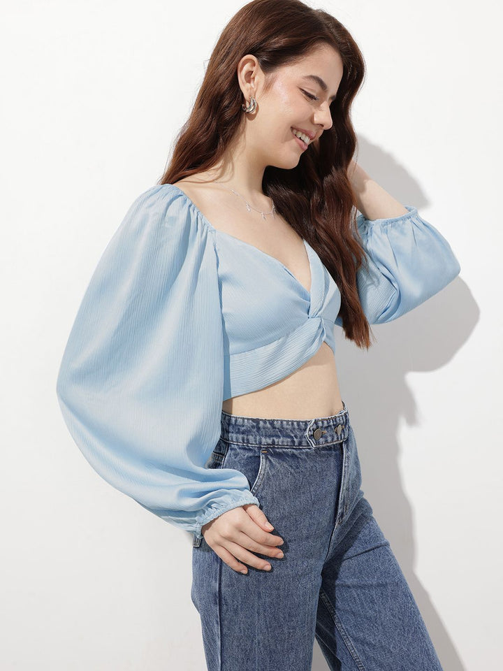 DressBerry Powder Blue Twist 'em Up Smocked Crop Top