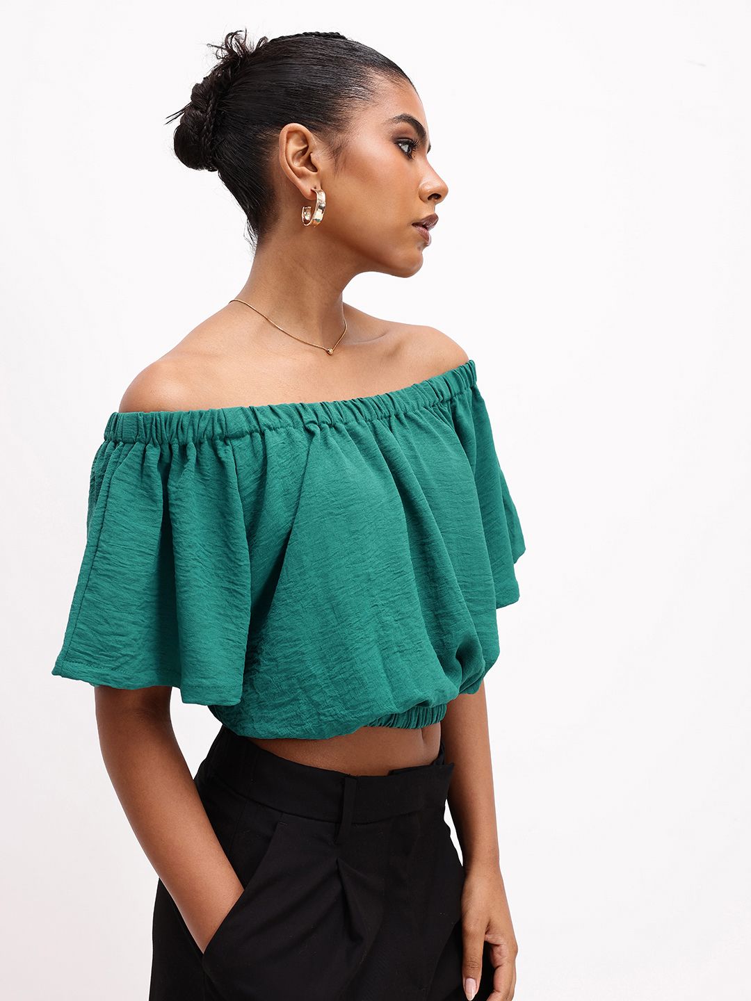 DressBerry Refreshing Green Off-Shoulder Gathered Crop Top