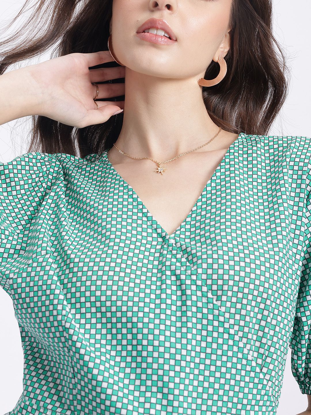 DressBerry Checked Chic Puff Sleeve Wrap Dress