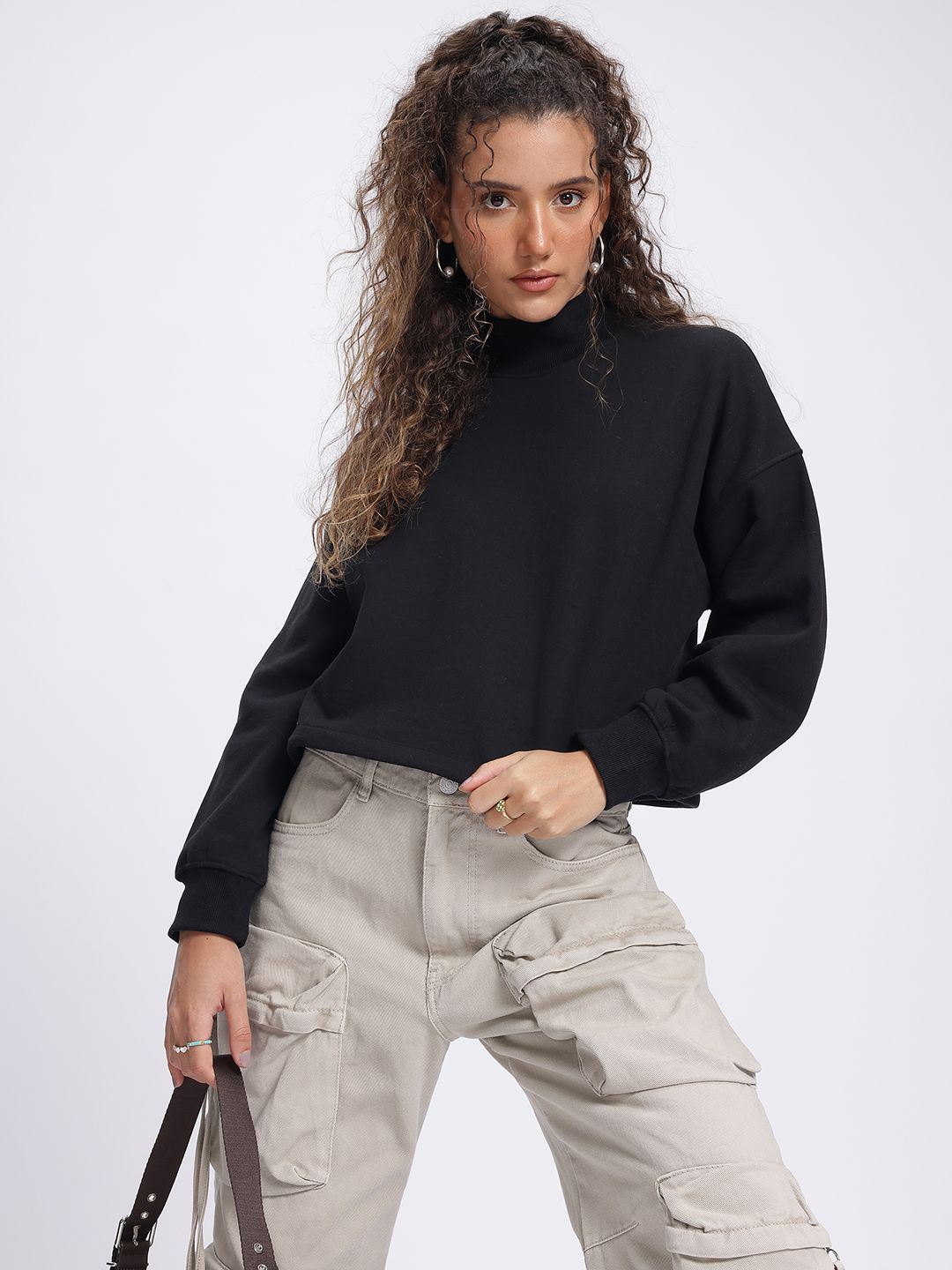 DressBerry Urban Edge High Neck Drop-Shoulder Crop Sweatshirt