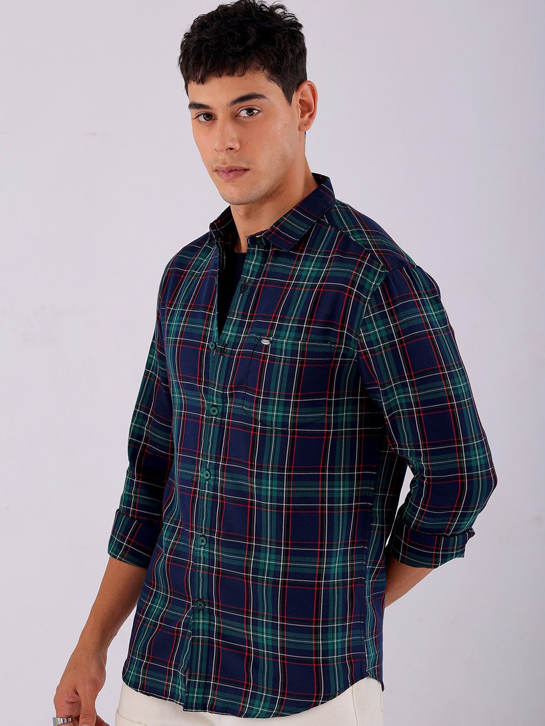 The Indian Garage Co Men Spread Collar Tartan Checked Cotton Slim Fit Casual Shirt