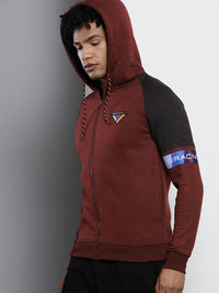 The Indian Garage Co Men Maroon & Black Colourblocked Hooded Sweatshirt
