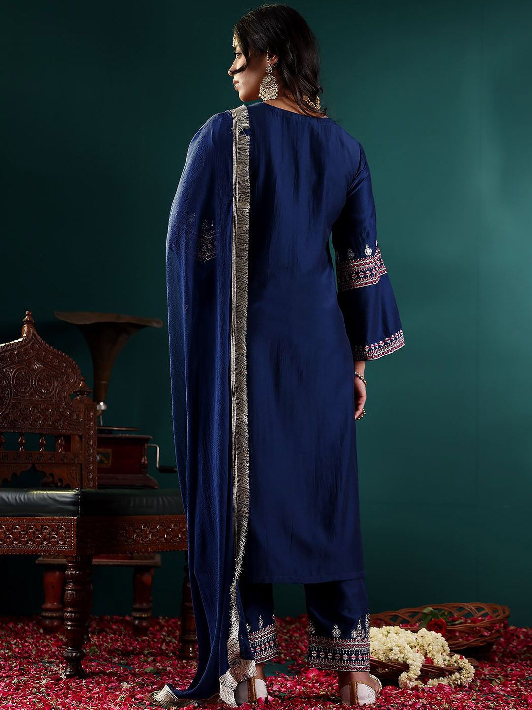 Varanga Women Ethnic Motifs Embroidered Kurta with Embroidered Trousers & With Dupatta