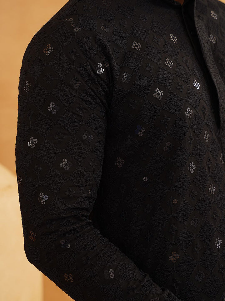 SOJANYA Geometric Embroidered Mandarin Collar Sequinned Pure Cotton Kurta with Churidar