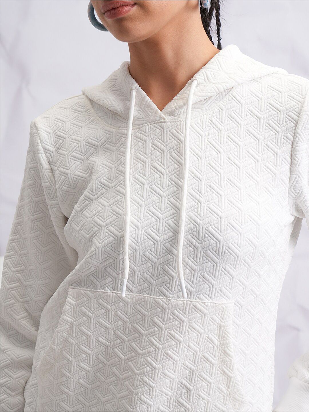 Tokyo Talkies White Self Design Hooded Pullover Sweatshirt