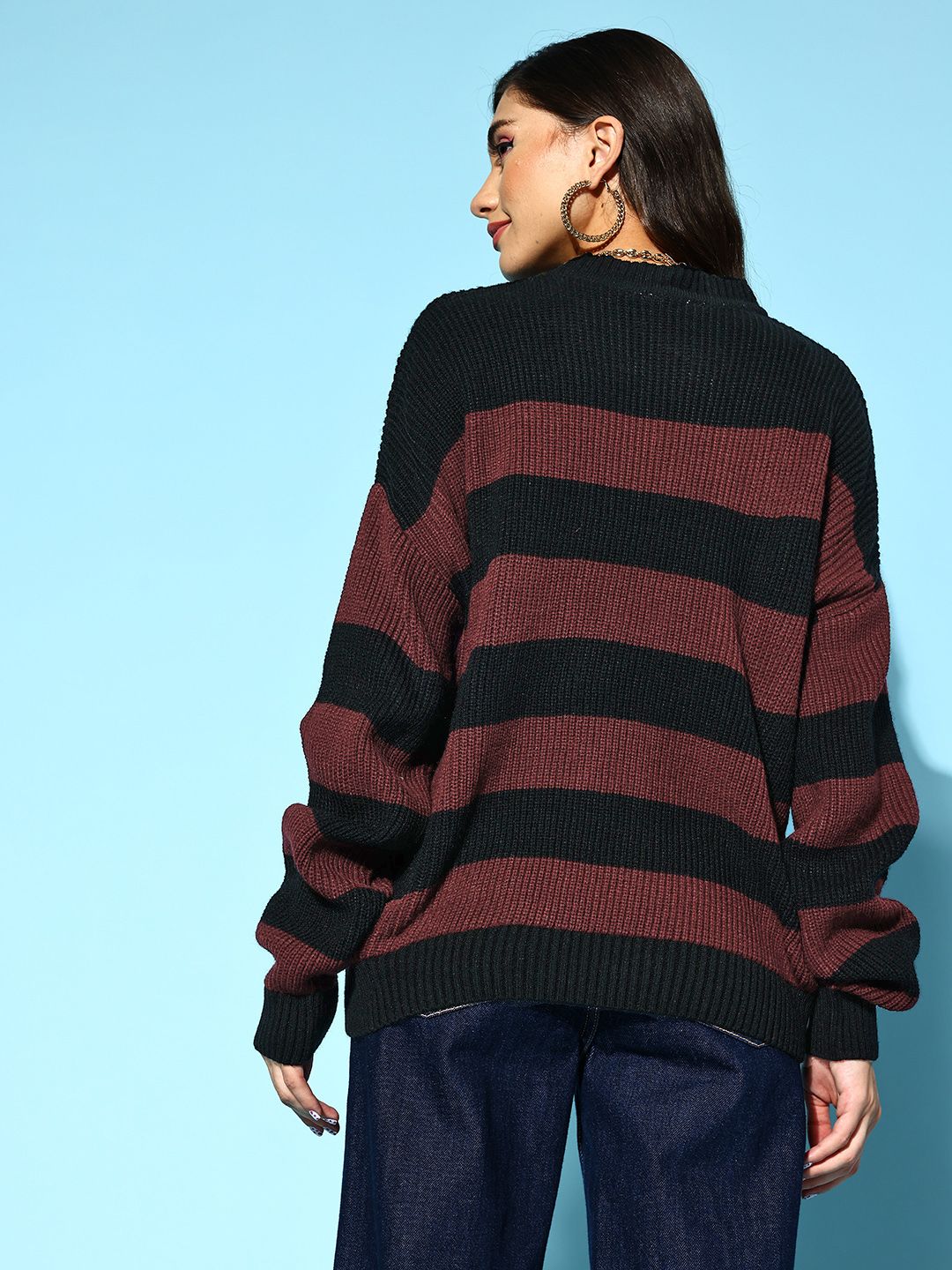 Berrylush Women Classy Black Striped Knits Bits Sweater