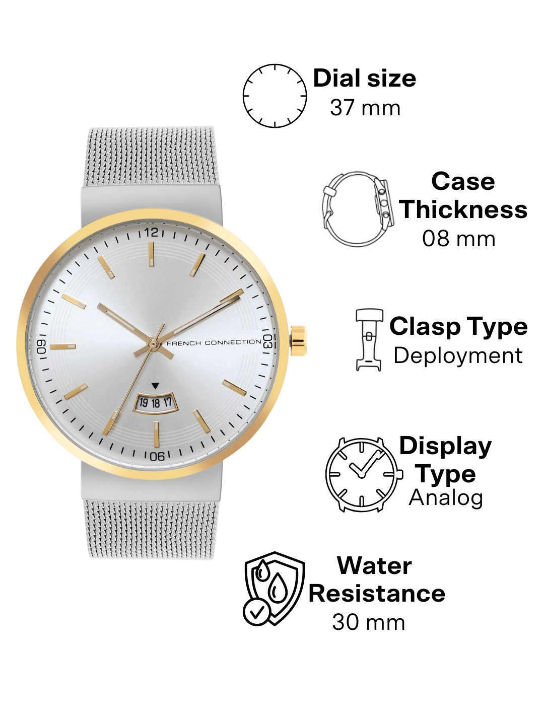 French Connection Men Stainless Steel Bracelet Style Straps Analogue Watch FCP42SM-G