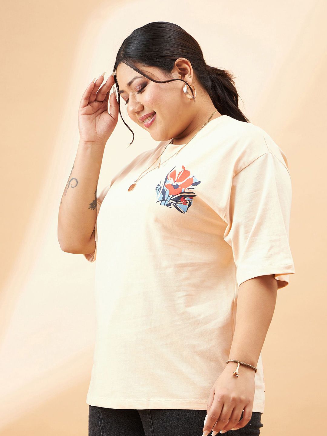 SASSAFRAS Curve Plus Size Floral Printed Pure Cotton Relaxed Fit T-shirt