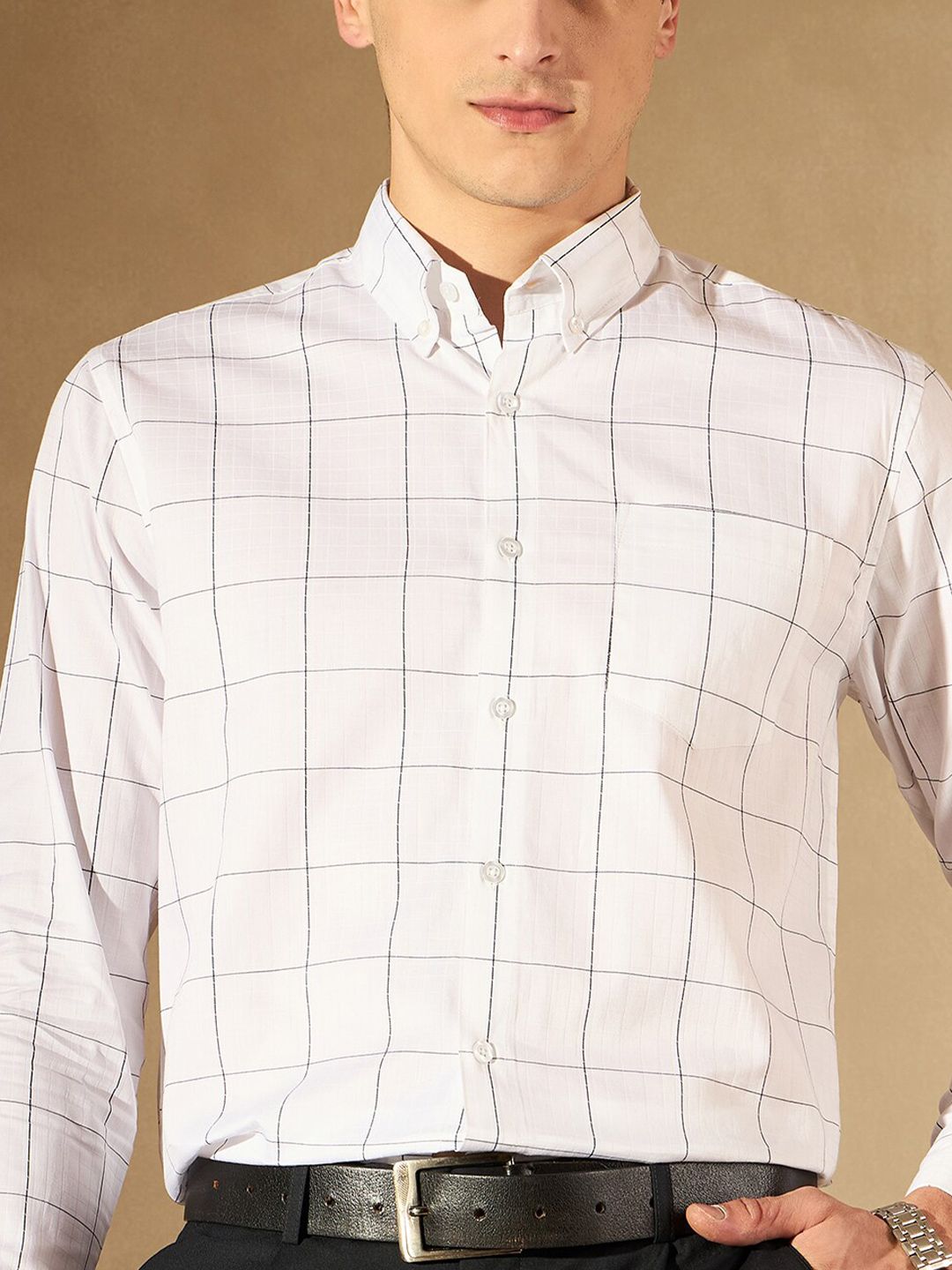 DENNISON Windowpane Checked Button-Down Collar Smart Cotton Formal Shirt