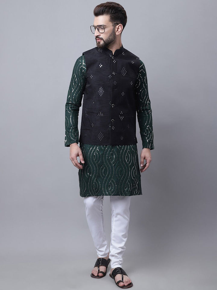 SOJANYA Kurta Kapas Tulen Bersulam Labuci Lelaki Dengan Piyama & Jaket Nehru