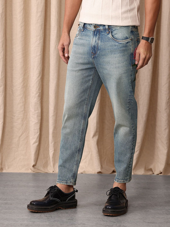 Mr Bowerbird Men Tapered Fit Mid-Rise Heavy Fade Printed Cropped Stretchable Jeans