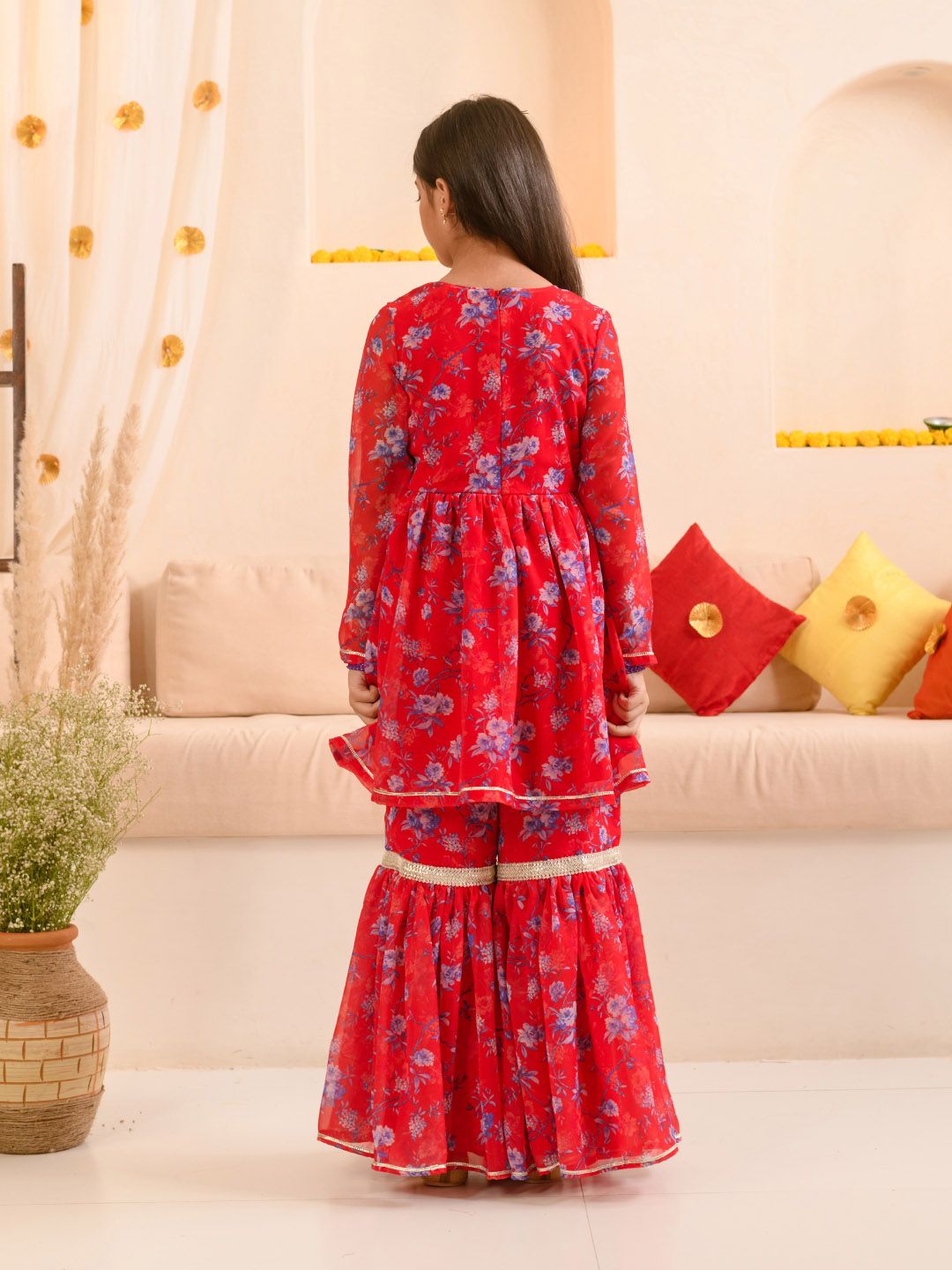 pspeaches Girls Floral Printed Regular A-Line Kurta & Sharara With Dupatta
