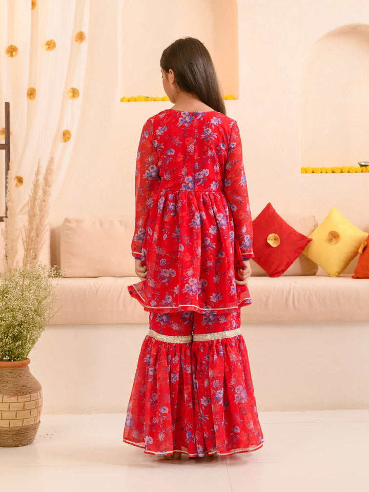 pspeaches Girls Floral Printed Regular A-Line Kurta & Sharara With Dupatta