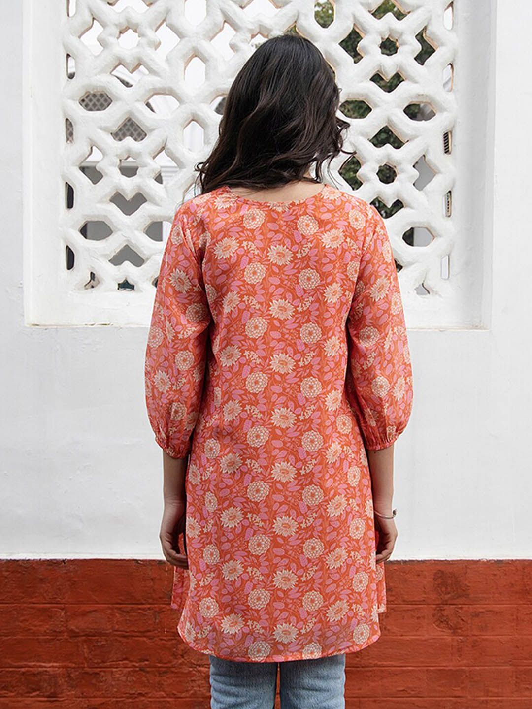Janasya Women Orange Georgette Floral Printed Regular Tunic