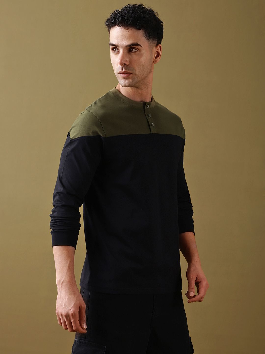 DILLINGER Men Colourblocked Super Combed Cotton Henley T-Shirt