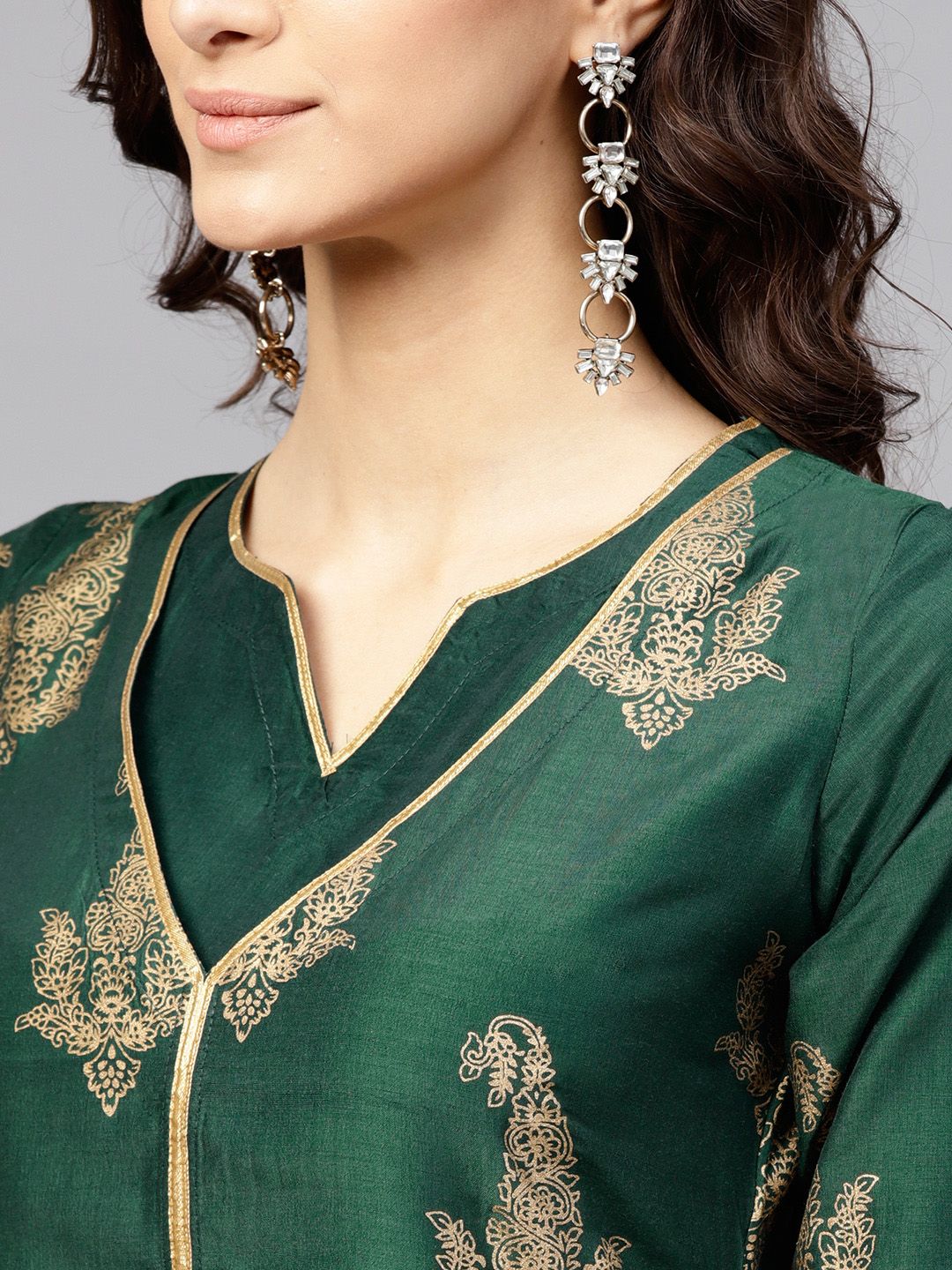 Libas Women Green & Golden Block Print Layered Kurta with Palazzos