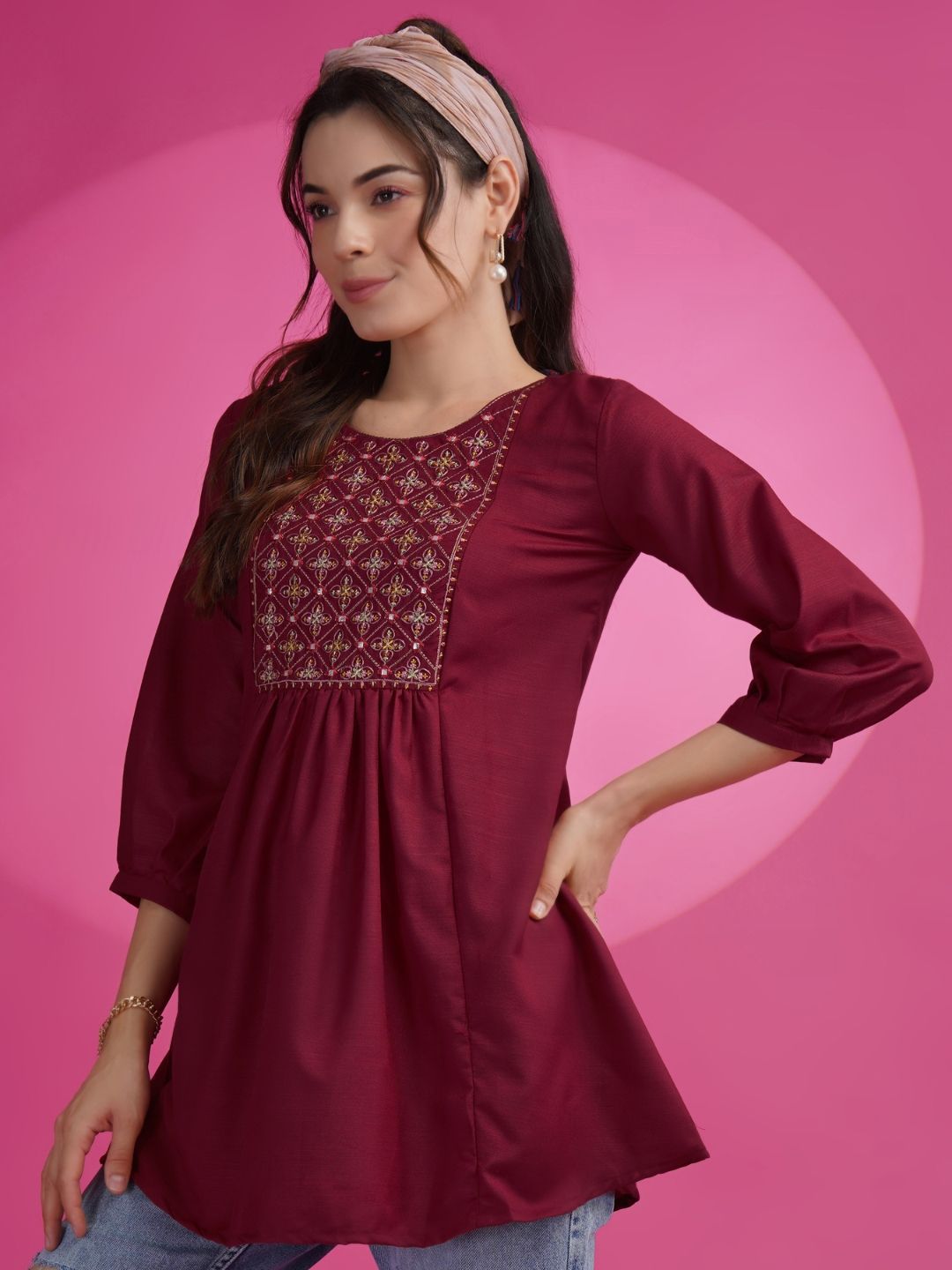KALINI Embroidered Round Neck Mirror Work A-Line Kurti