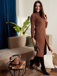 Berrylush Ribbed Turtle Neck Drop Shoulder Split Hem Longline Pullover Sweater