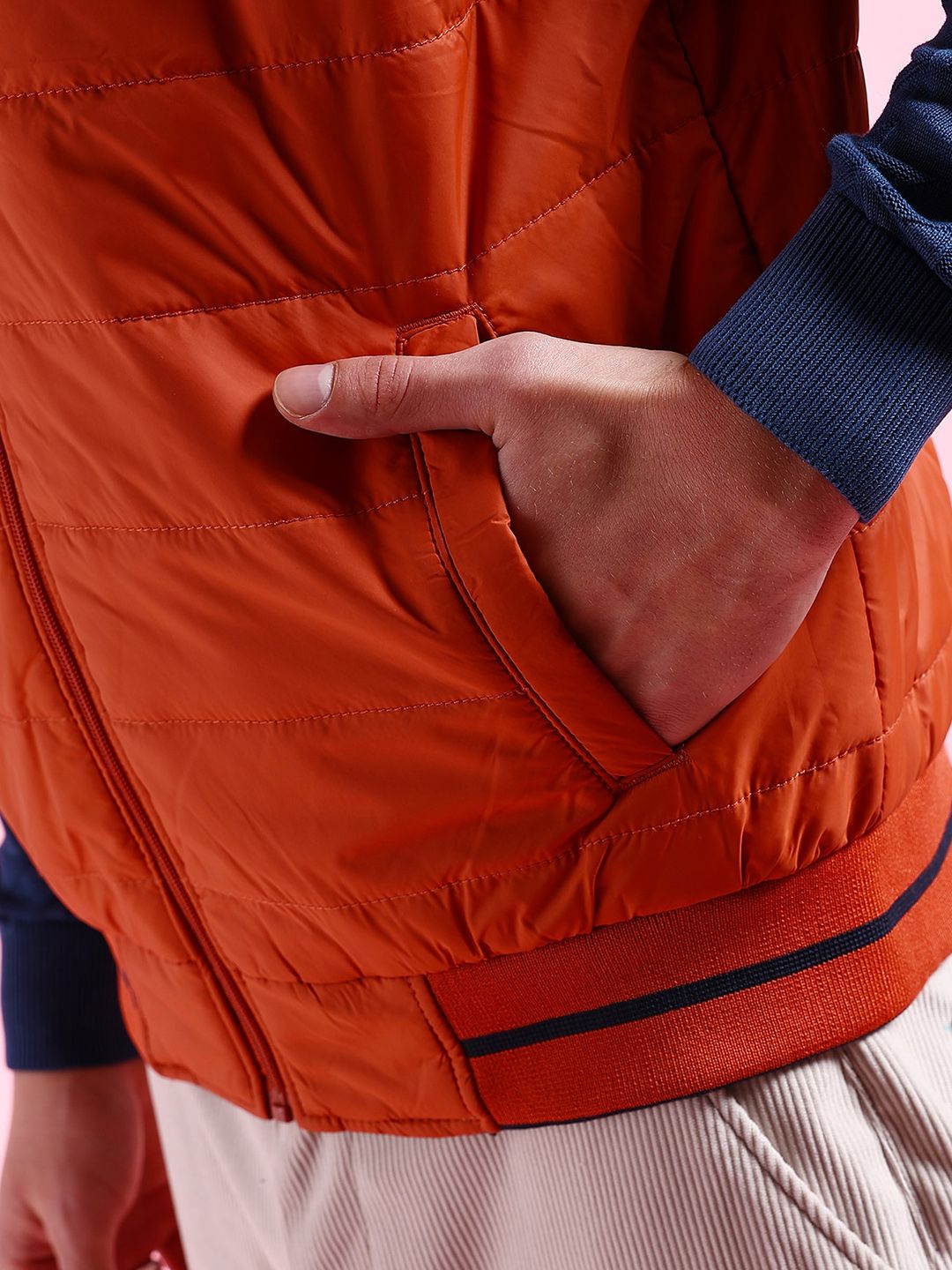 The Indian Garage Co Men Blue Colourblocked Reversible Crop Outdoor Padded Jacket
