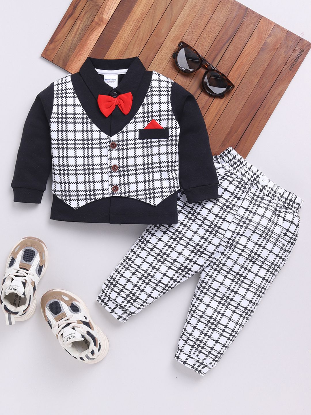Moms Love Infant Boys Checked Pure Cotton Shirt with Joggers
