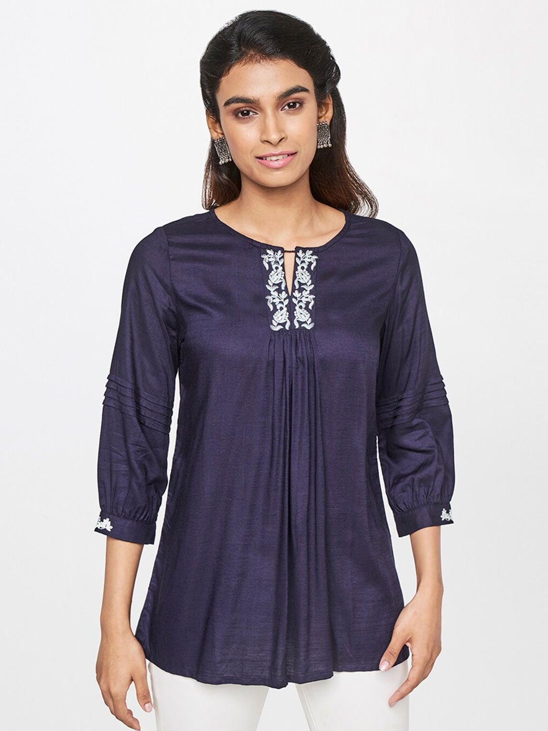 Global Desi Women Blue Keyhole Neck Top