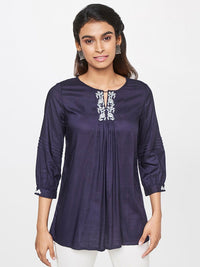 Global Desi Women Blue Keyhole Neck Top