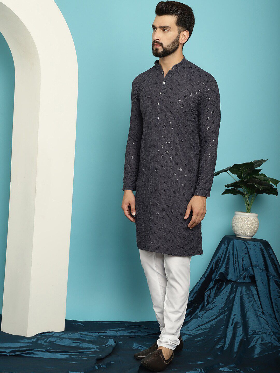 SOJANYA Ethnic Motifs Embroidered Sequinned Pure Cotton Kurta with Churidar