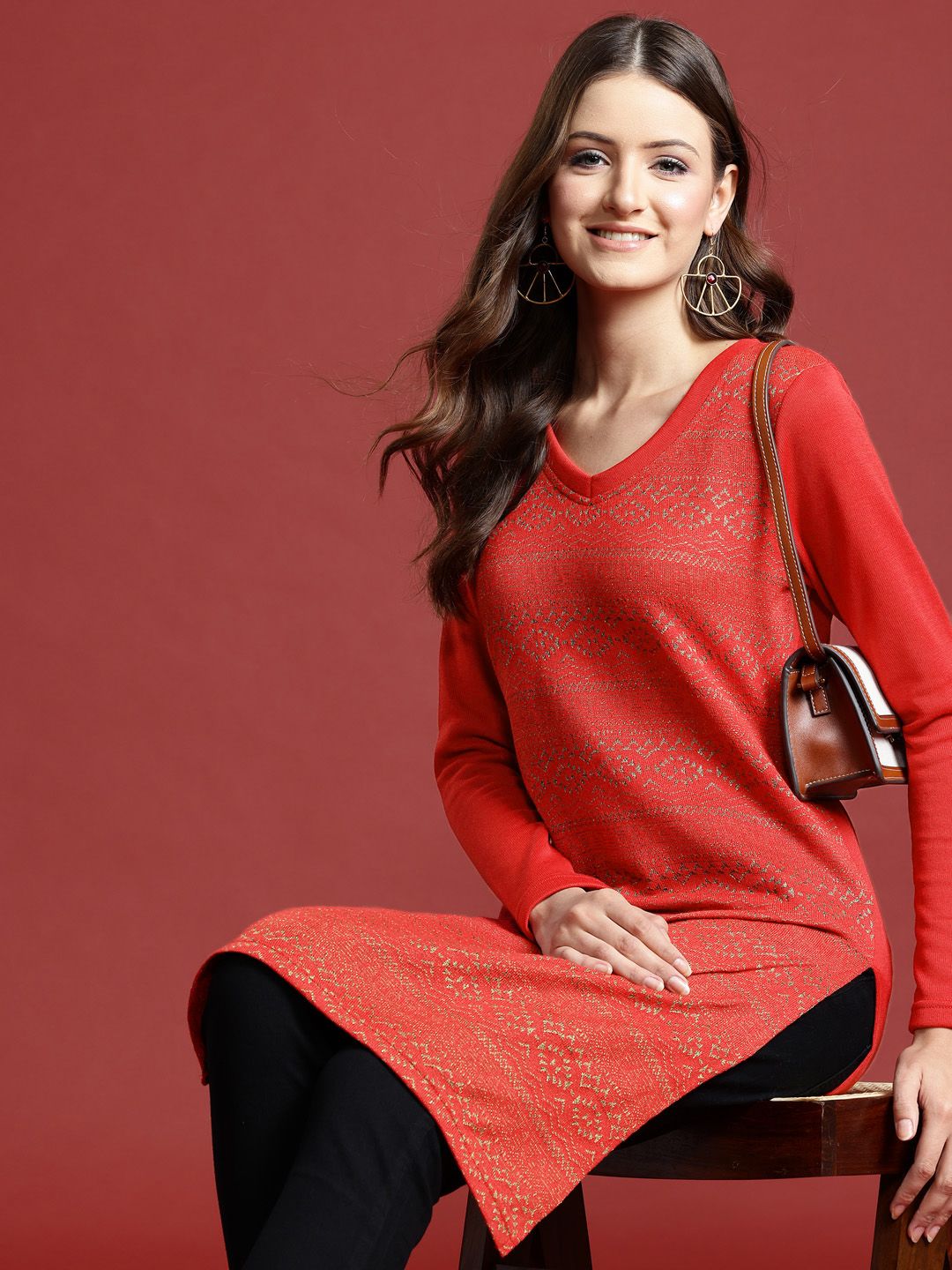 Anouk Geometric Woven Design Winter Kurta