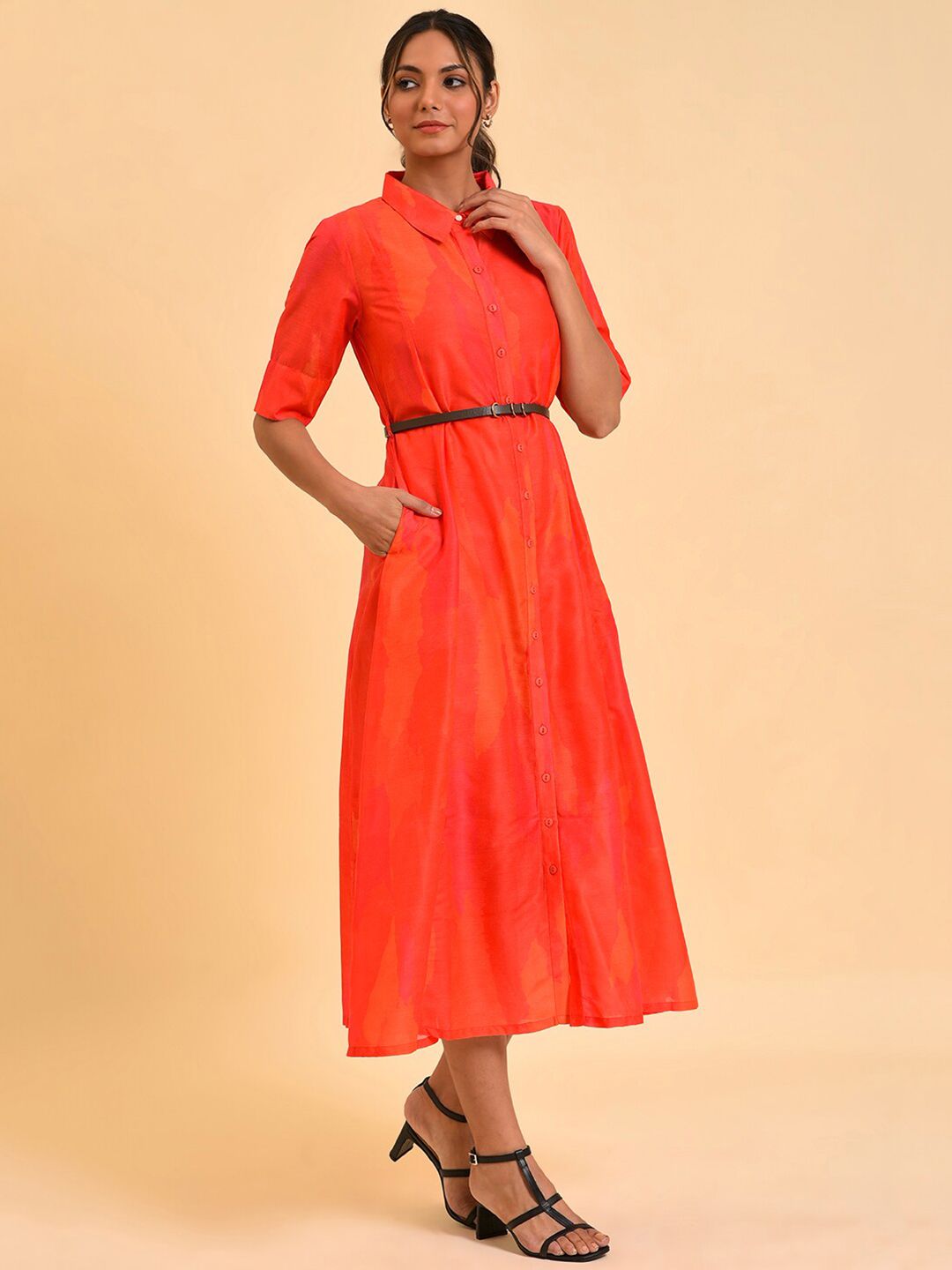 W Red Shirt Midi Dress With Belt