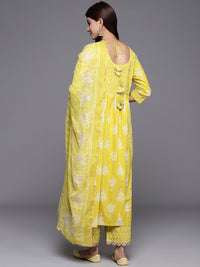 Libas Women Floral Yoke Design High Slit Pure Cotton Kurta with Palazzos & With Dupatta