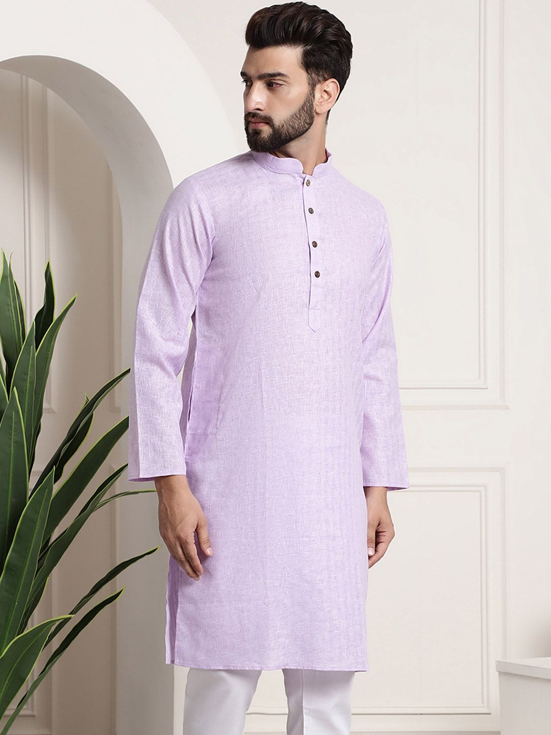 Anug by SOJANYA Men Lavender Checked Dobby Kurta