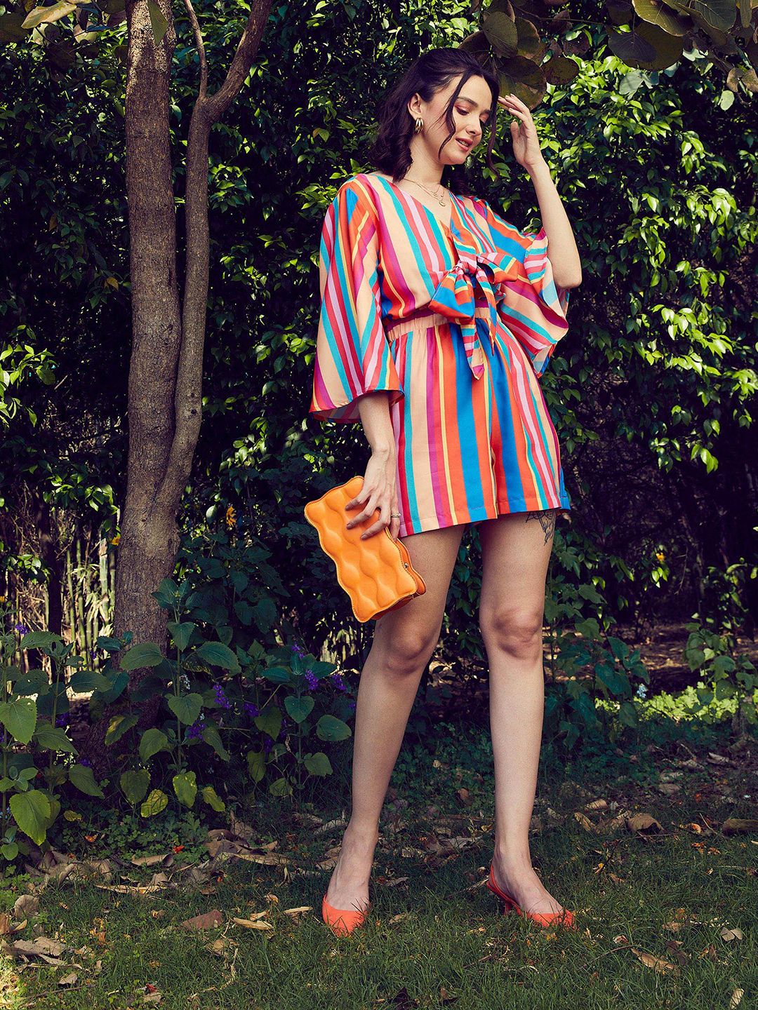 SASSAFRAS Blue & Pink Striped Front Tie Knot Playsuit