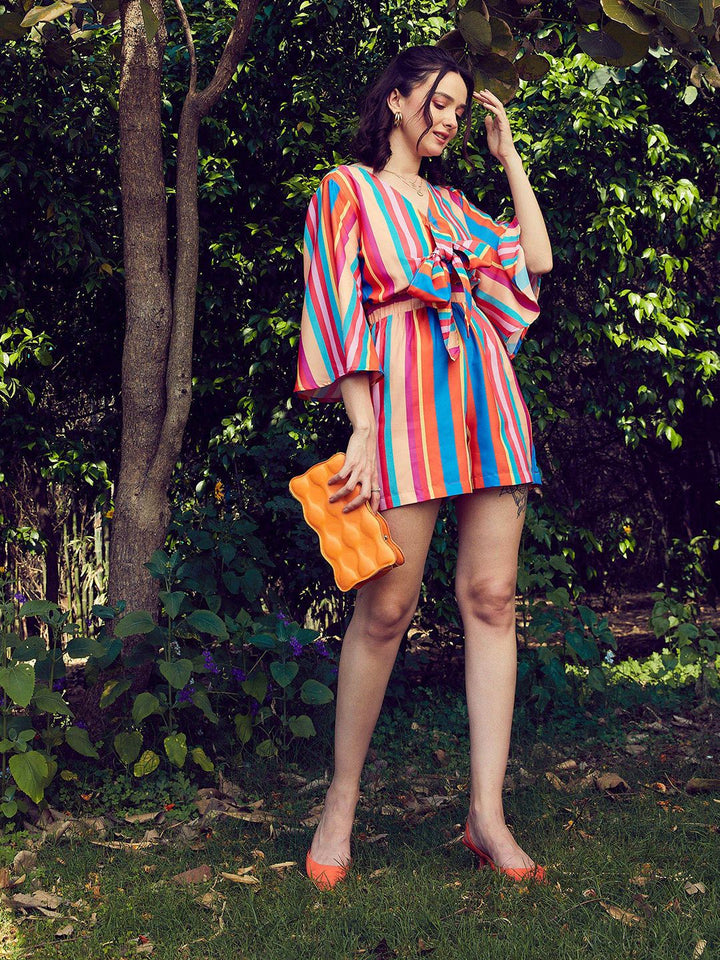 SASSAFRAS Blue & Pink Striped Front Tie Knot Playsuit