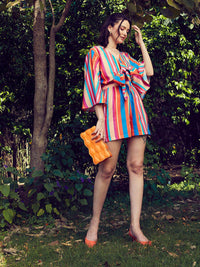 SASSAFRAS Blue & Pink Striped Front Tie Knot Playsuit