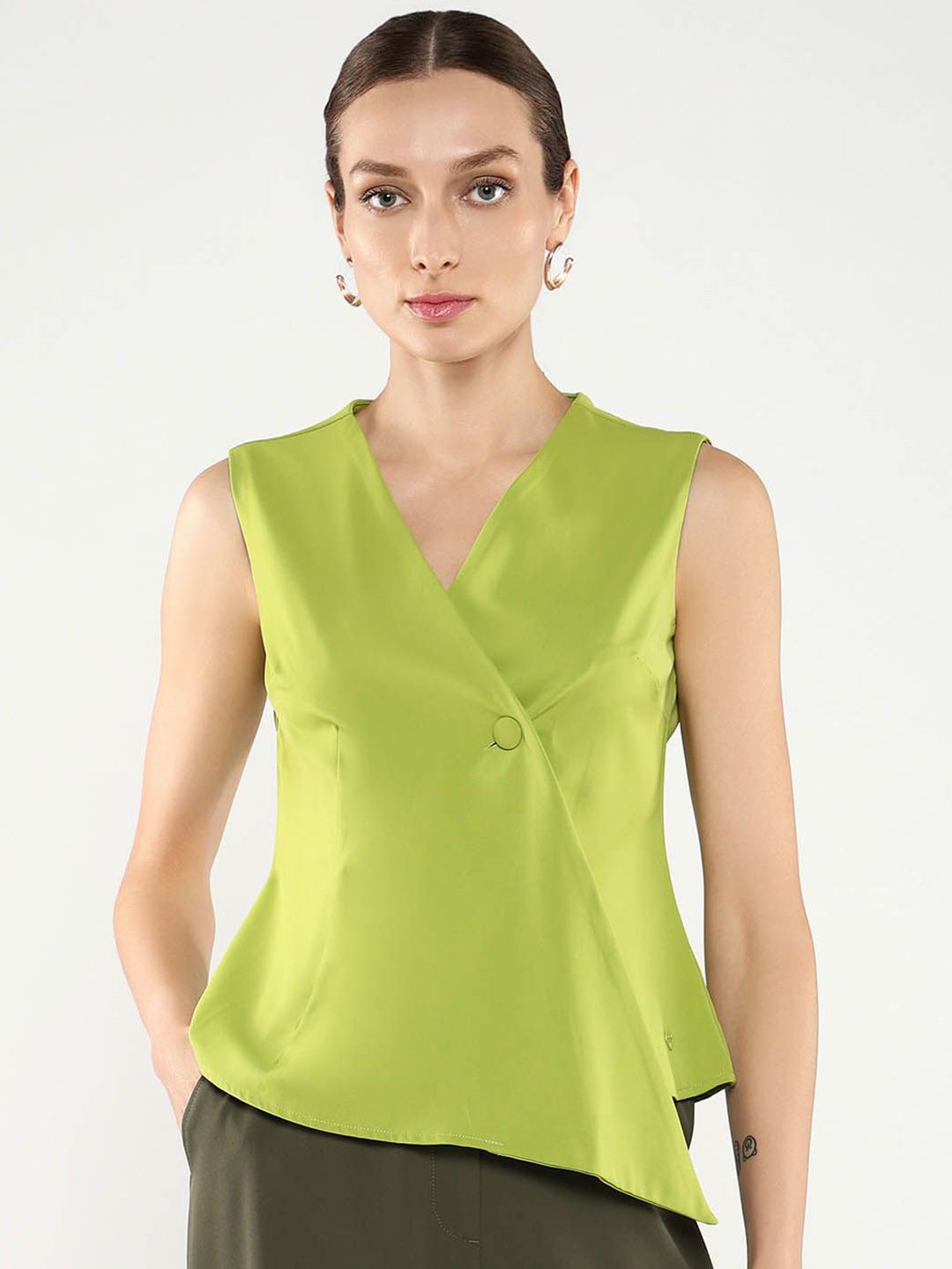 RAREISM Solid Cotton Wrap Sleeveless Shirt Style Top