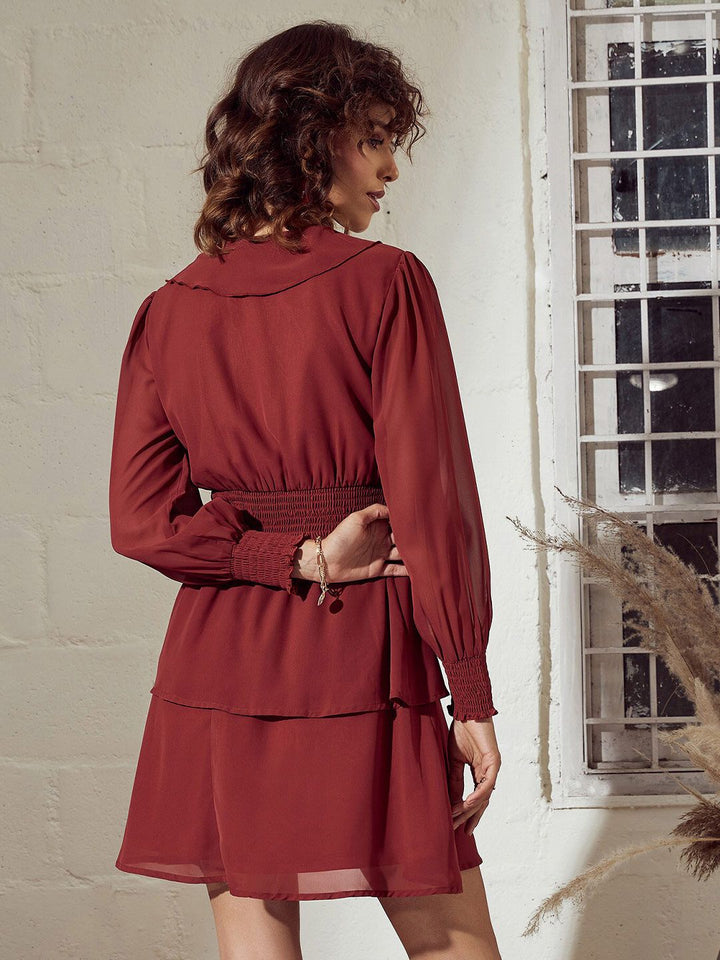 SASSAFRAS Rust Smocked Ruffled & Layered Georgette Fit & Flare Dress