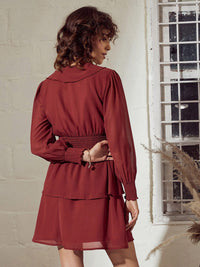 SASSAFRAS Rust Smocked Ruffled & Layered Georgette Fit & Flare Dress