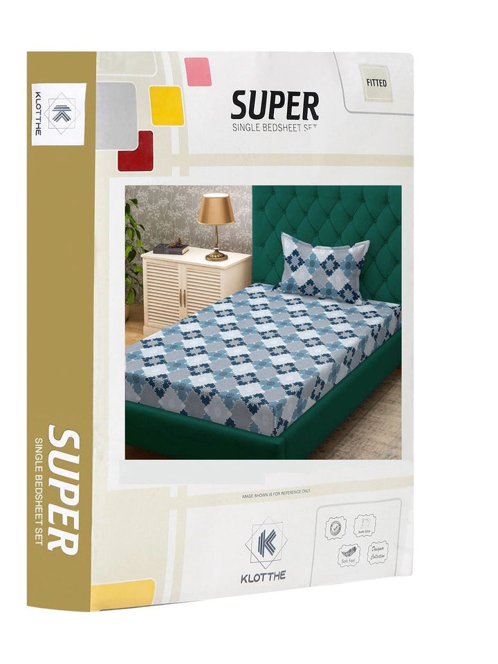 Moda Rapido X KLOTTHE Blue & Grey Geometric 400 TC Single Bedsheet with 1 Pillow Covers