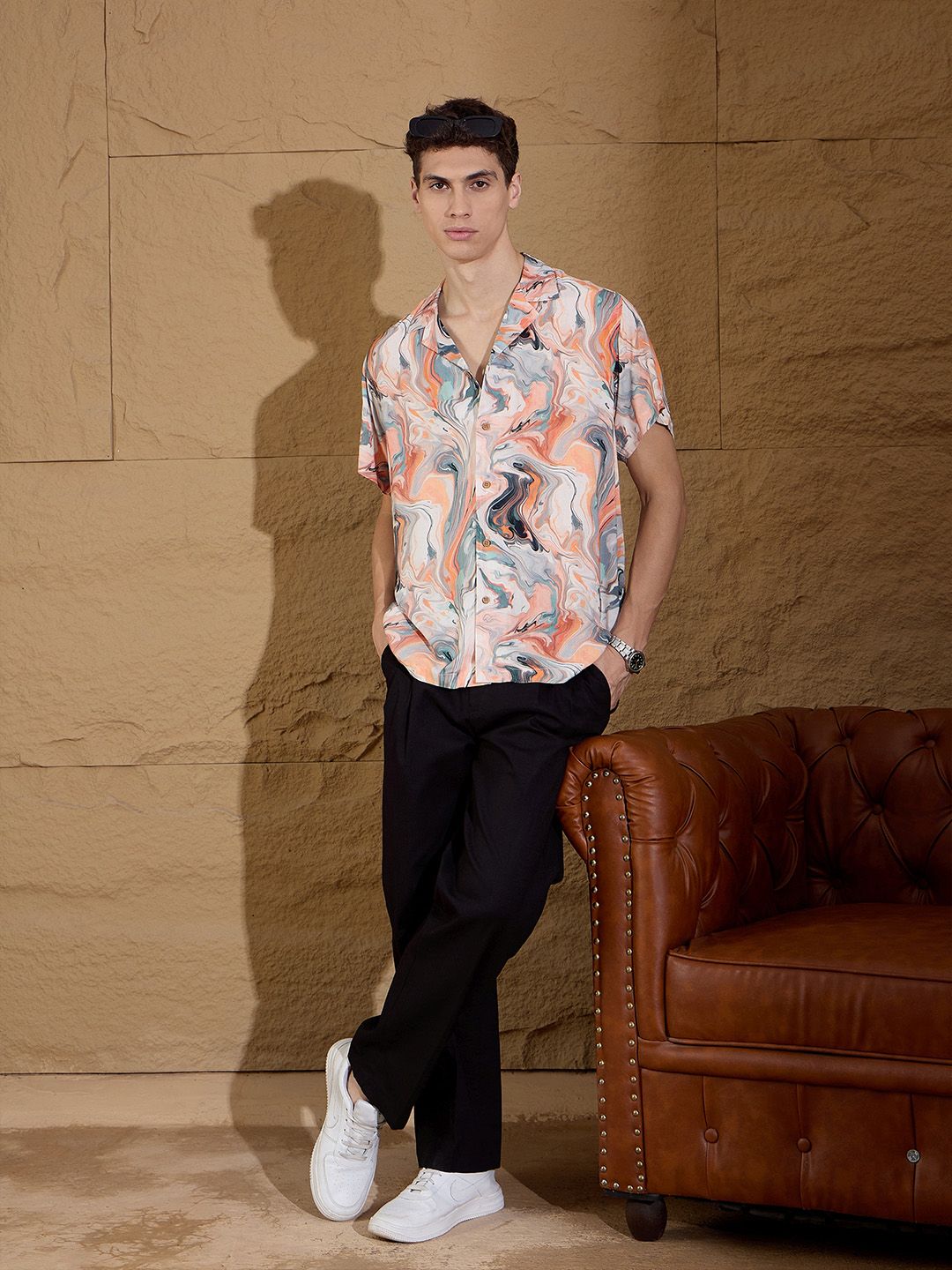 DENNISON Abstract Printed Cuban Collar Smart Oversized Casual Shirt