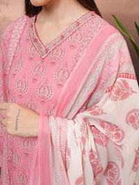Vishudh Peach Floral Printed Pure Cotton Panelled A-Line Kurta With Salwar & Dupatta