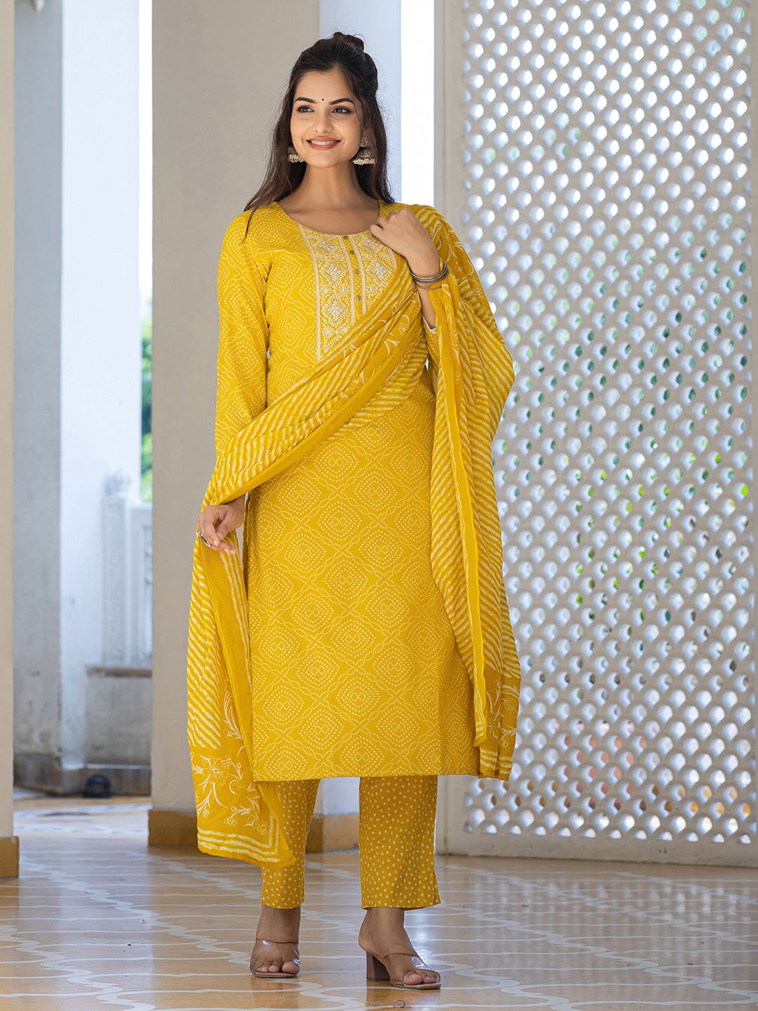 KALINI Bandhani Printed Regular Mirror Work Kurta With Trousers & Dupatta