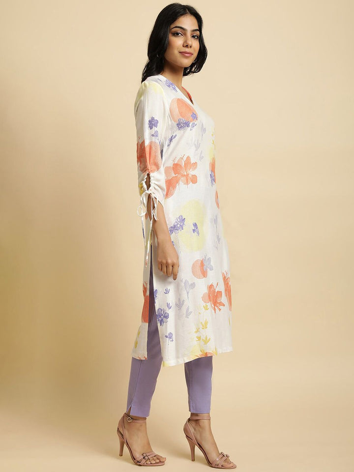 W White & Peach Floral Printed V Neck Kurta