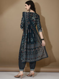 KALINI Floral Printed V-Neck Thread Work Straight Kurta with Trousers & Dupatta